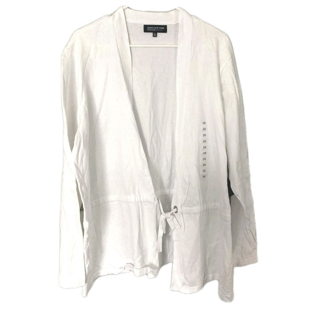 Jones New York Cardigan Women 3X Wht Drawstring Open Tie Front Combed Cotton NWT